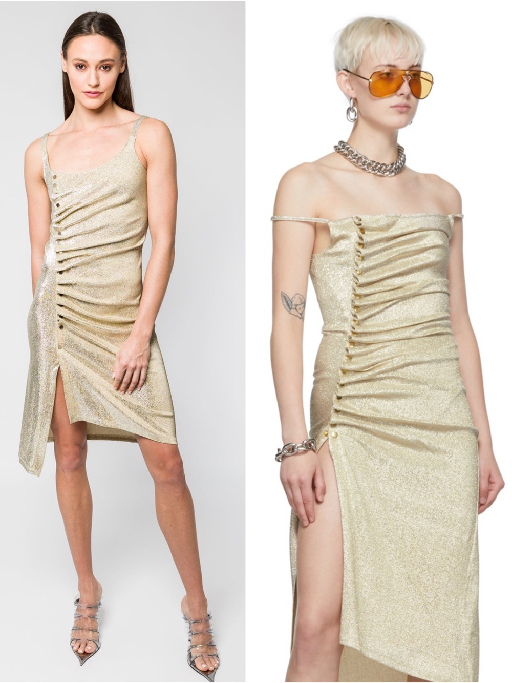 RABANNE Metallic Ruched Jersey Side Button Old Money Y2K Asymmetric Tank Dress L